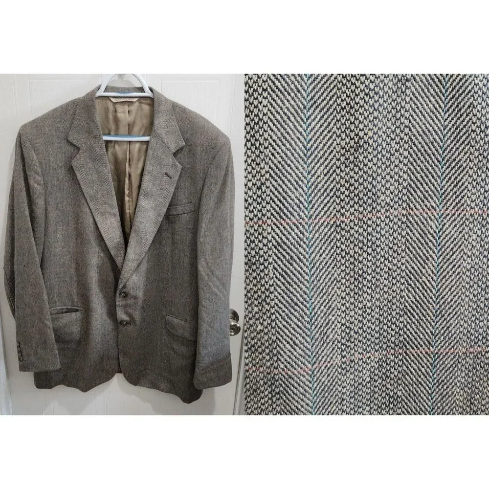 VTG Stafford Gray Herringbone 2 Button Suit Jacket Blazer Size 46L‎ USA MADE